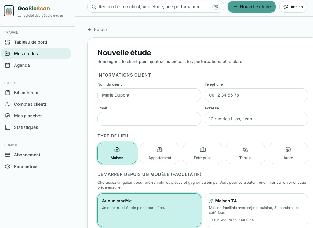 Saisie d'une étude géobiologique dans le logiciel