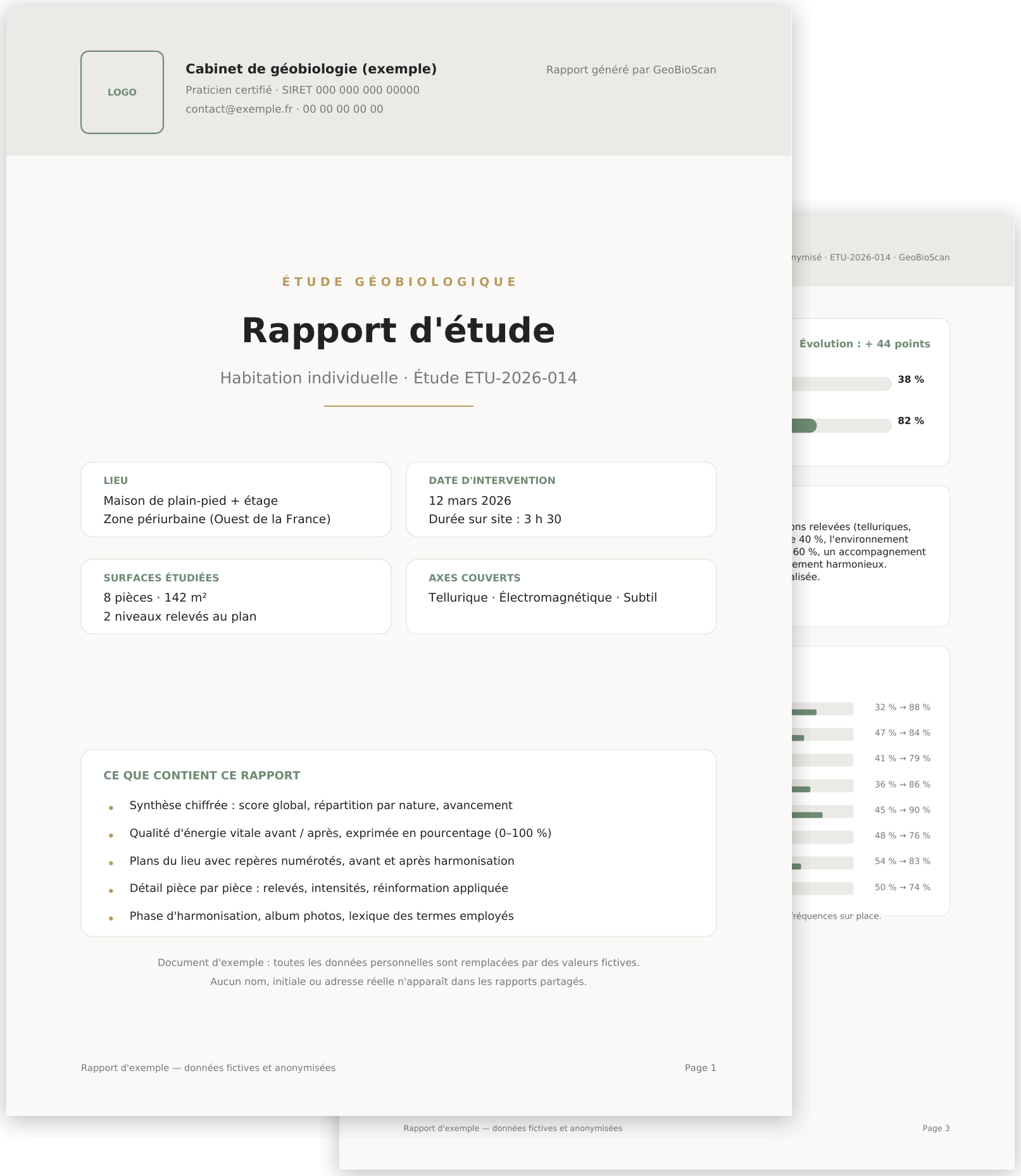 Aperçu du rapport d'étude géobiologique GeoBioScan : couverture et page qualité d'énergie vitale en pourcentage
